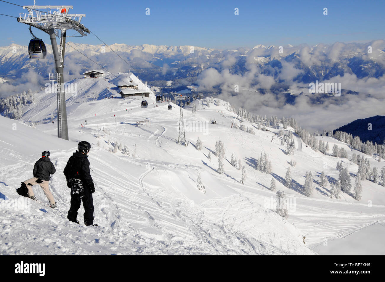 Snowboarders off-piste, Nassfeld, Hermagor, Carinthia, Austria, Europe Stock Photo