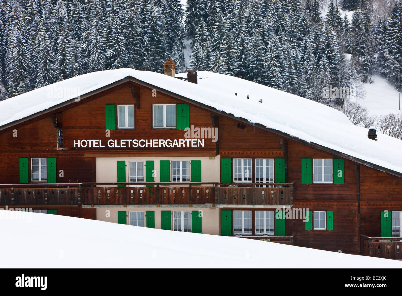 Grindelwald, typical Swiss style Chalet, Jungfrau region, Bernese Oberland, Swiss Alps, Switzerland Stock Photo