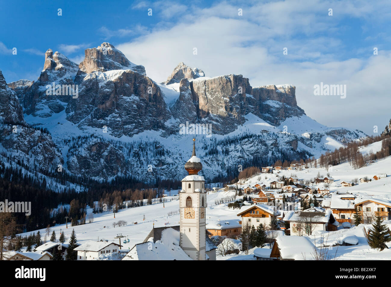 Colfosco village, Badia, Sella Massif range, Dolomites, South Tirol, Trentino Alto-Adige, Italy Stock Photo