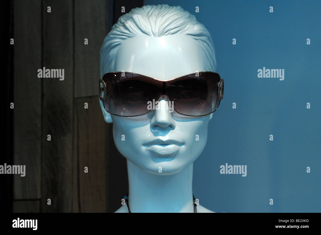 White female mannequin with sunglasses in the fashion store, Burton upon Trent, Staffordshire, England, Europe Stock Photo