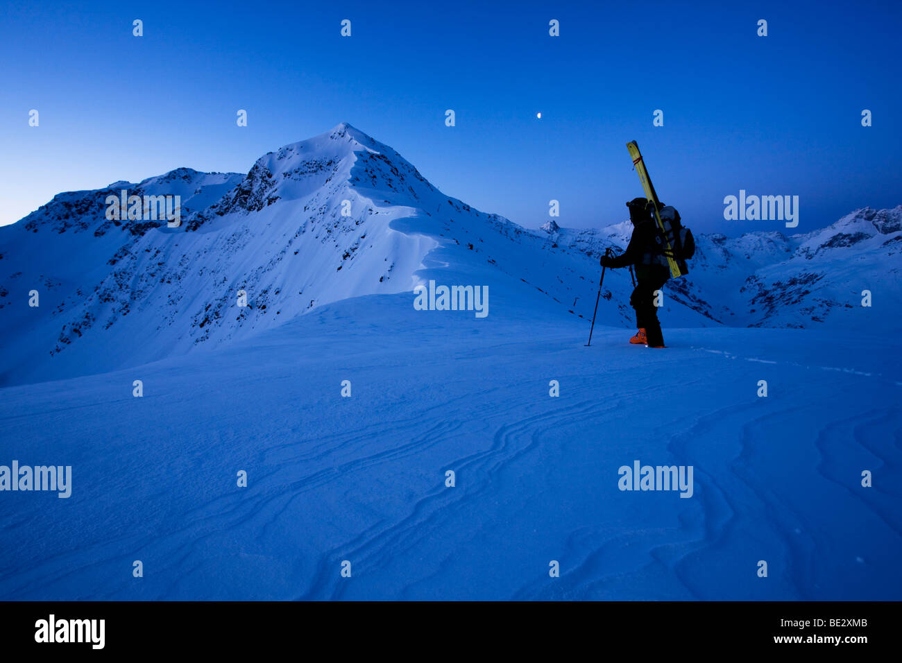 Ski touring in front of the sunrise, Verwall Alps, North Tyrol, Austria, Europe Stock Photo