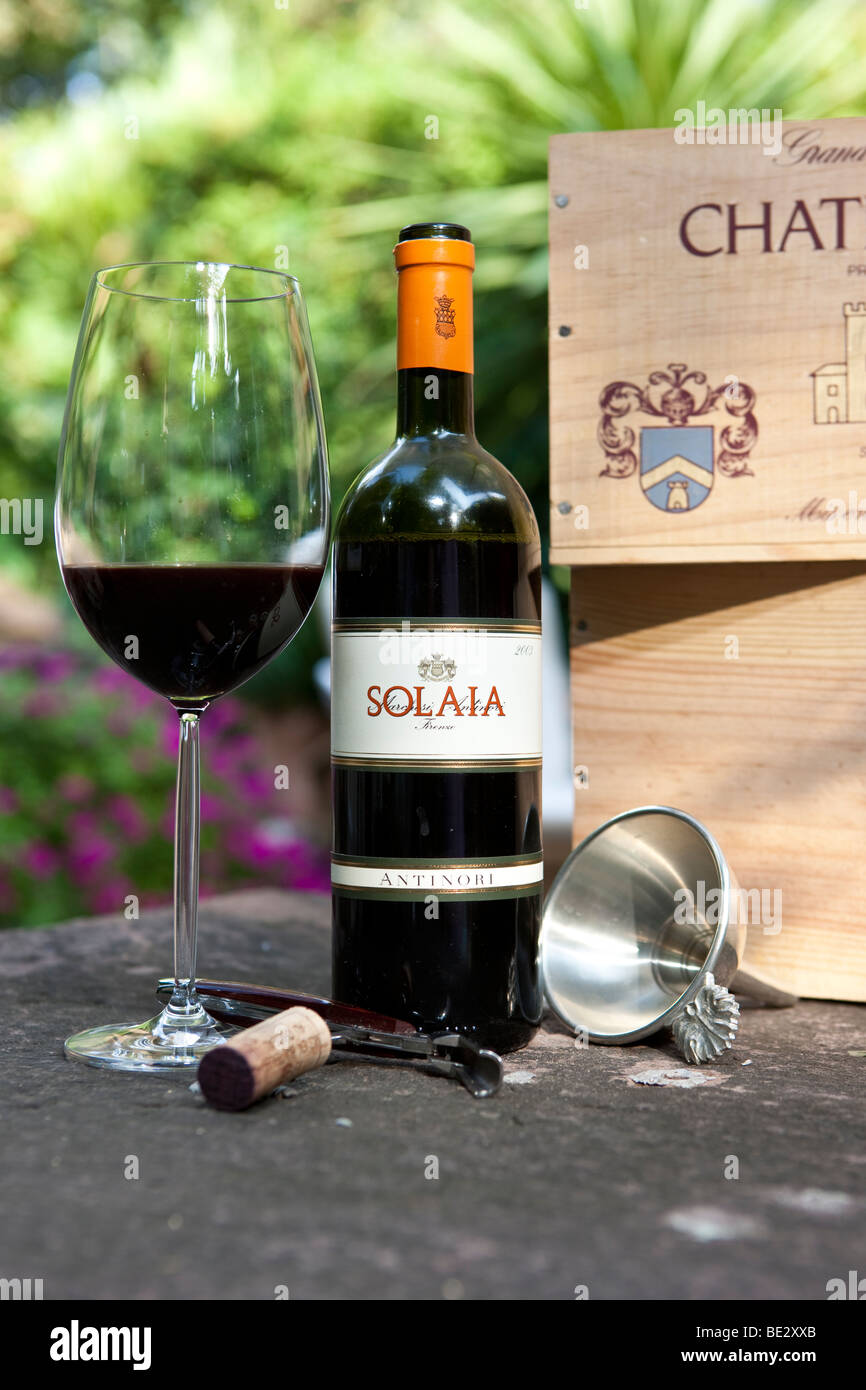 Solaia Marchesi Antinori, first class wine, wine glass, cork, sommelier cutlery Stock Photo
