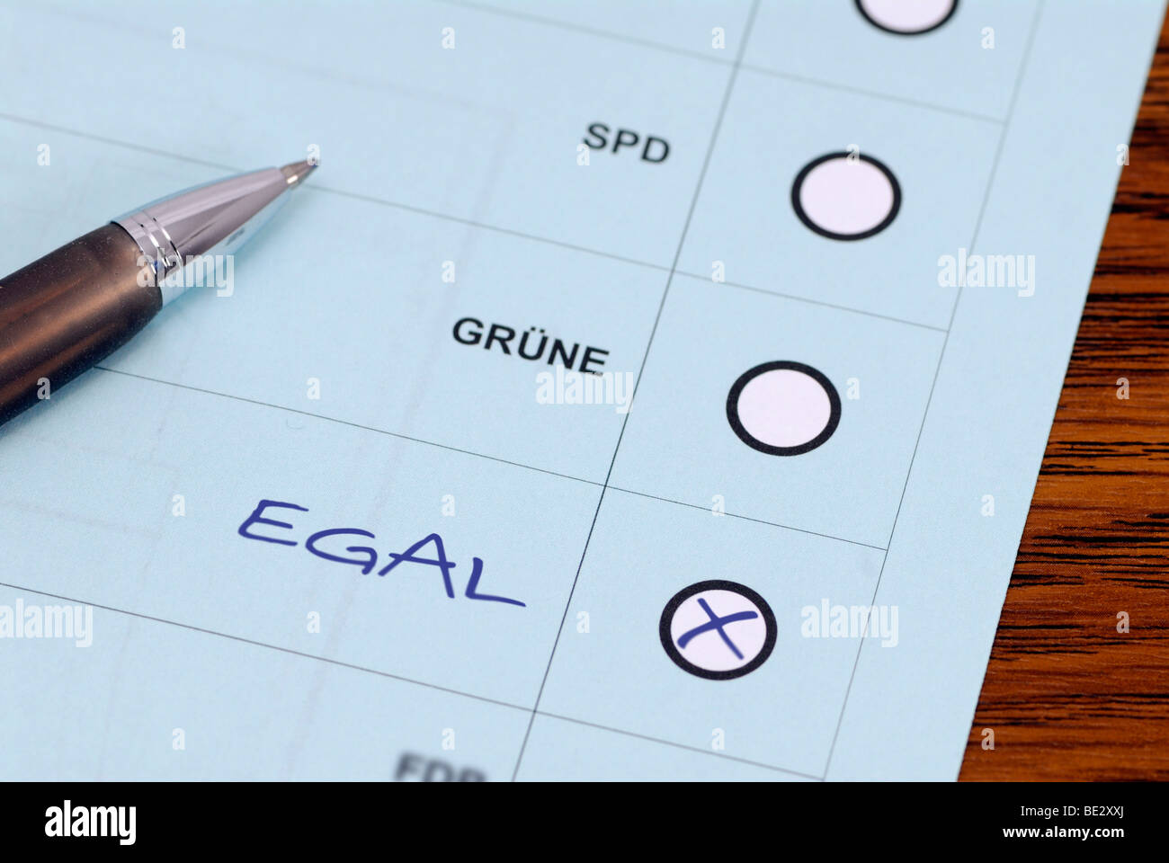 Ballot form with a cross marked egal, German for voter's indifference, voter fatigue Stock Photo