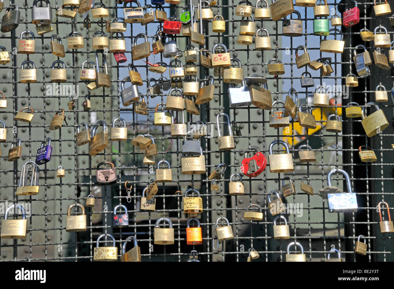 Padlocks as a sign of friendship and love at the metal fence of the ...
