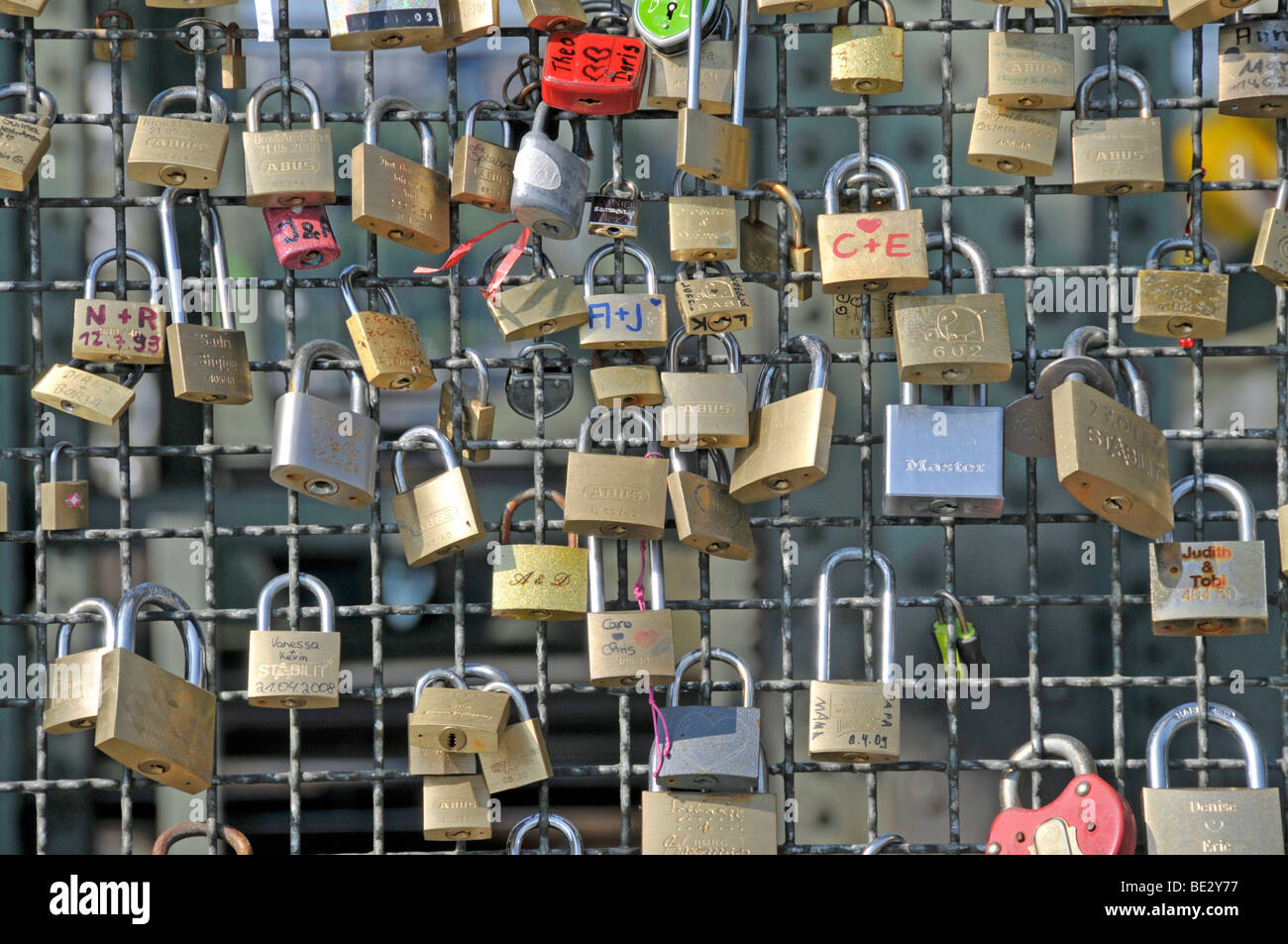 Padlocks as a sign of friendship and love at the metal fence of the ...