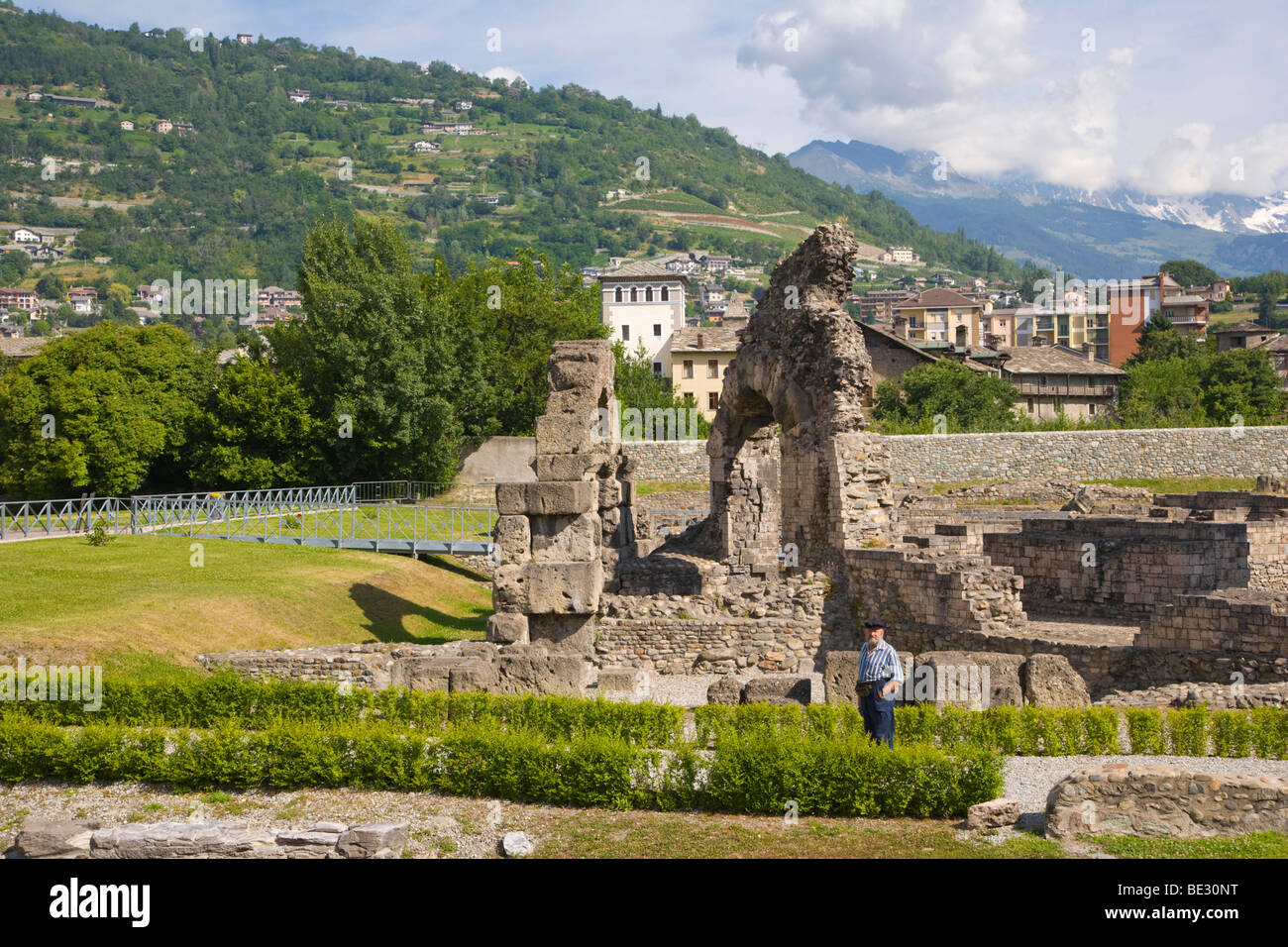 Roman theater, Teatro Romano, Anfiteatro Romano, Aosta, Aosta Valley, Valle d'Aosta, Italy, Europe Stock Photo