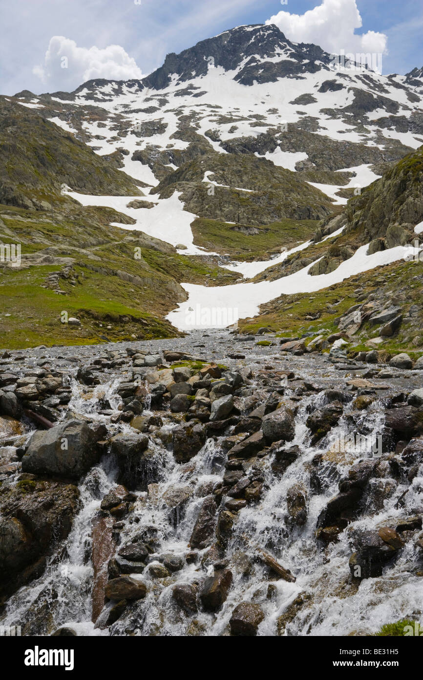 Waterfall, Great St Bernard Pass, Col du Grand-Saint-Bernard, Colle del Gran San Bernardo, Pennine, Valais Alps, Switzerland, E Stock Photo