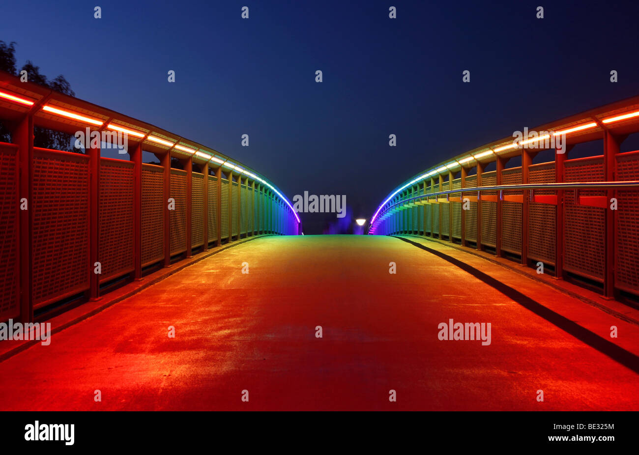 Bridge with rainbow-coloured lighting over the federal road 1, Highway 40, Dortmund, Ruhr area, North Rhine-Westphalia, Germany Stock Photo