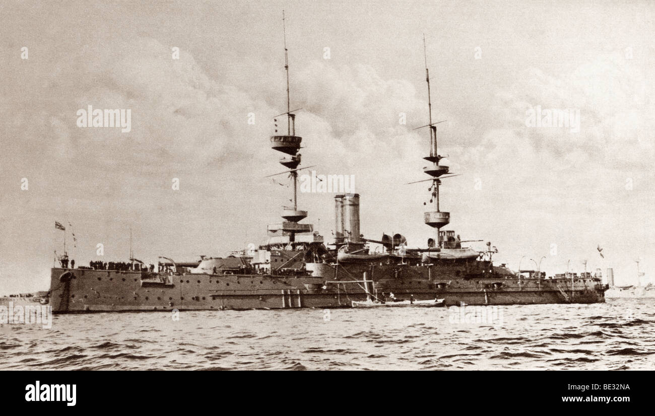 The British battleship Majestic, later torpedoed and sunk by an enemy submarine during World War I. Stock Photo