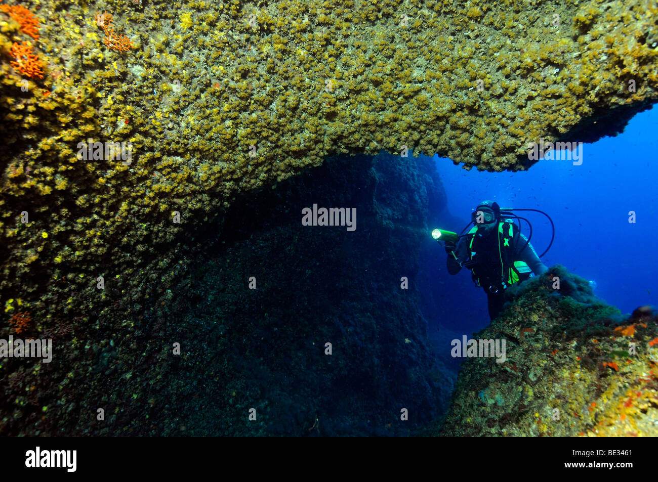 Diver in Cave of Islamorada Wall, Ibiza, Balearic Islands, Mediterranean Sea, Spain Stock Photo
