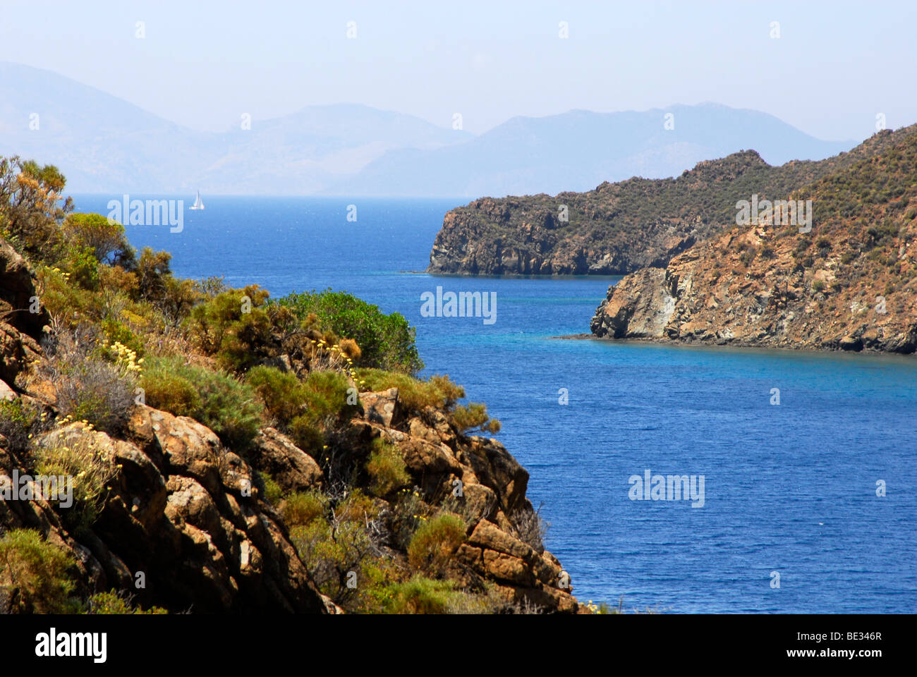 View from turkish Datca Peninsula to Greek Island Nisos Simi, Datca-Halbinsel, Aegaeis, Mittelmeer, Turkey Stock Photo