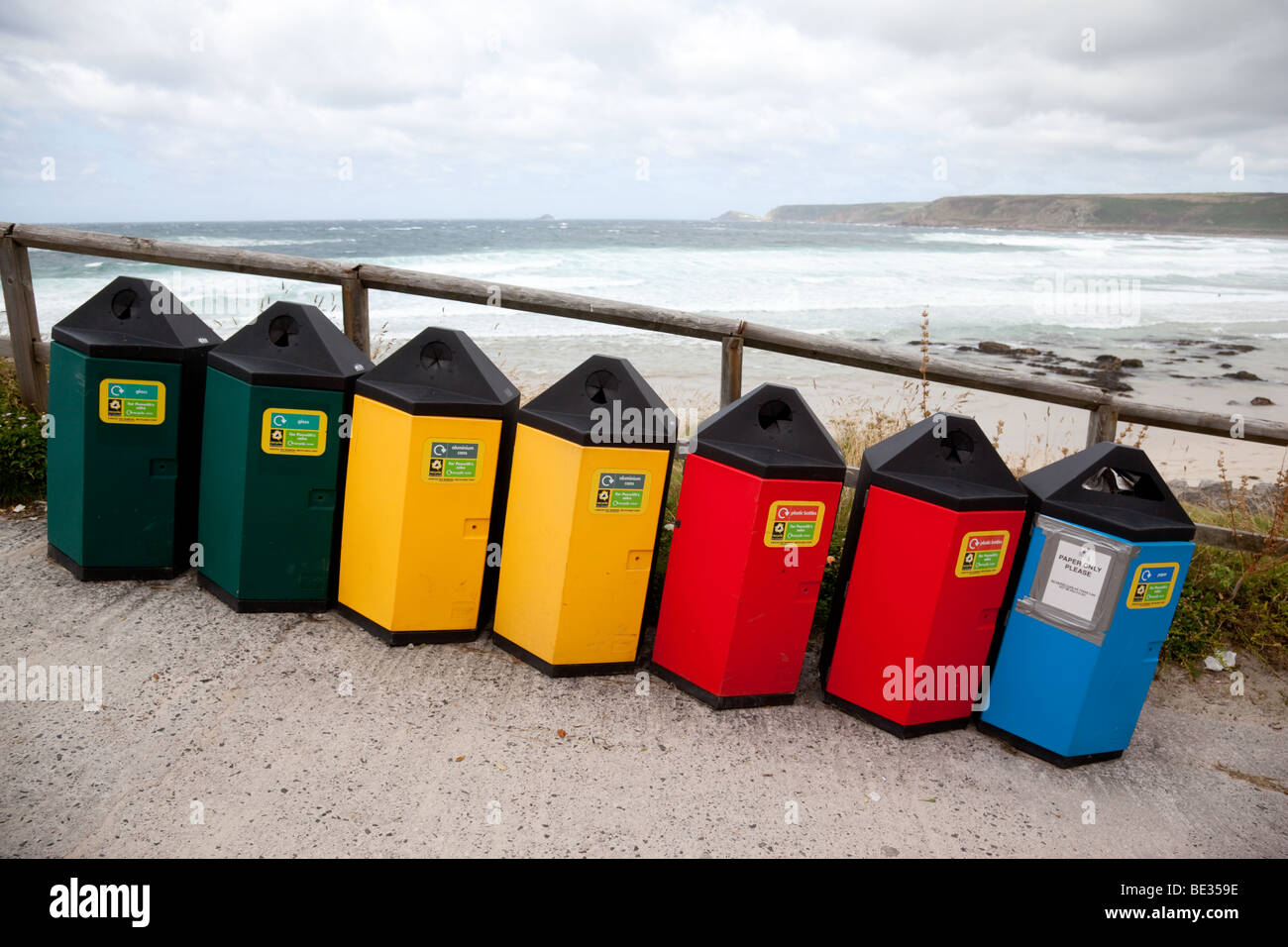 Refuse bins at Sennen Cove, Cornwall, England. Stock Photo