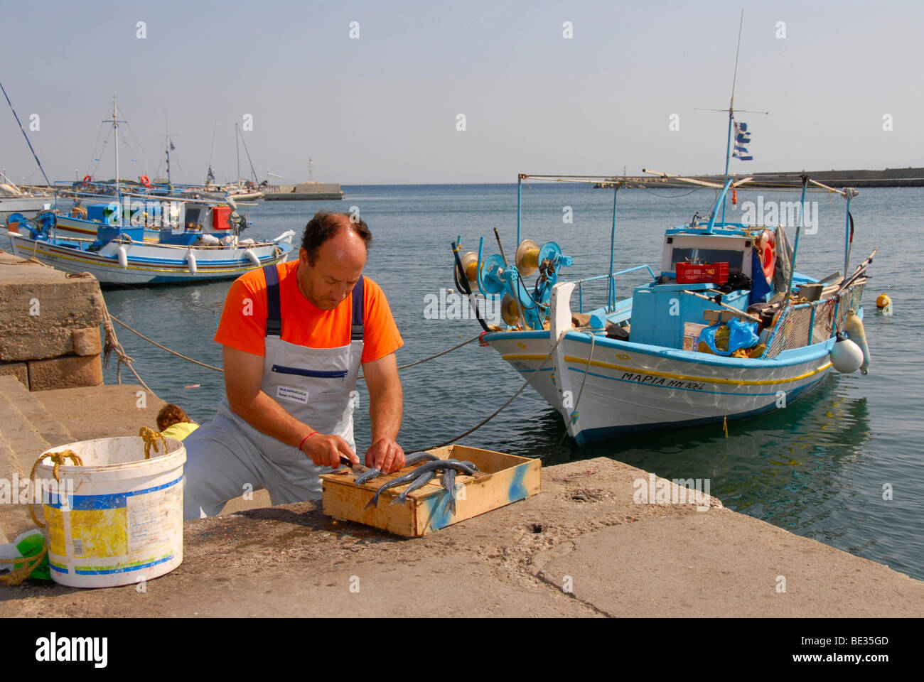Fisherman gutting fish, harbour with fishing boats, Plomari, Lesbos, Aegean Sea, Greece, Europe Stock Photo
