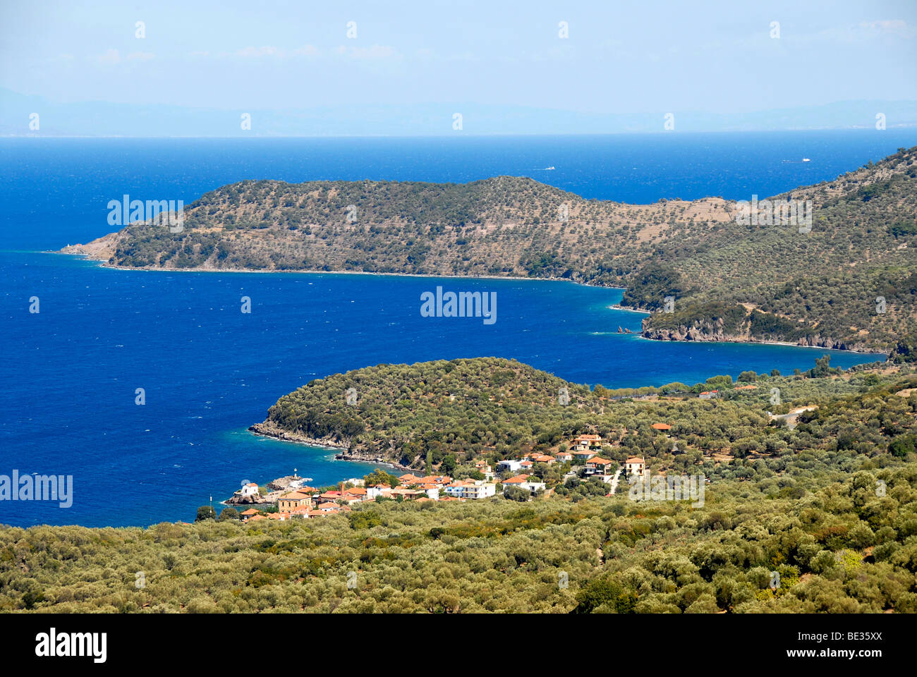 A small fishing village on the coast with many bays, olive groves, Skala Sikaminea, Lesbos