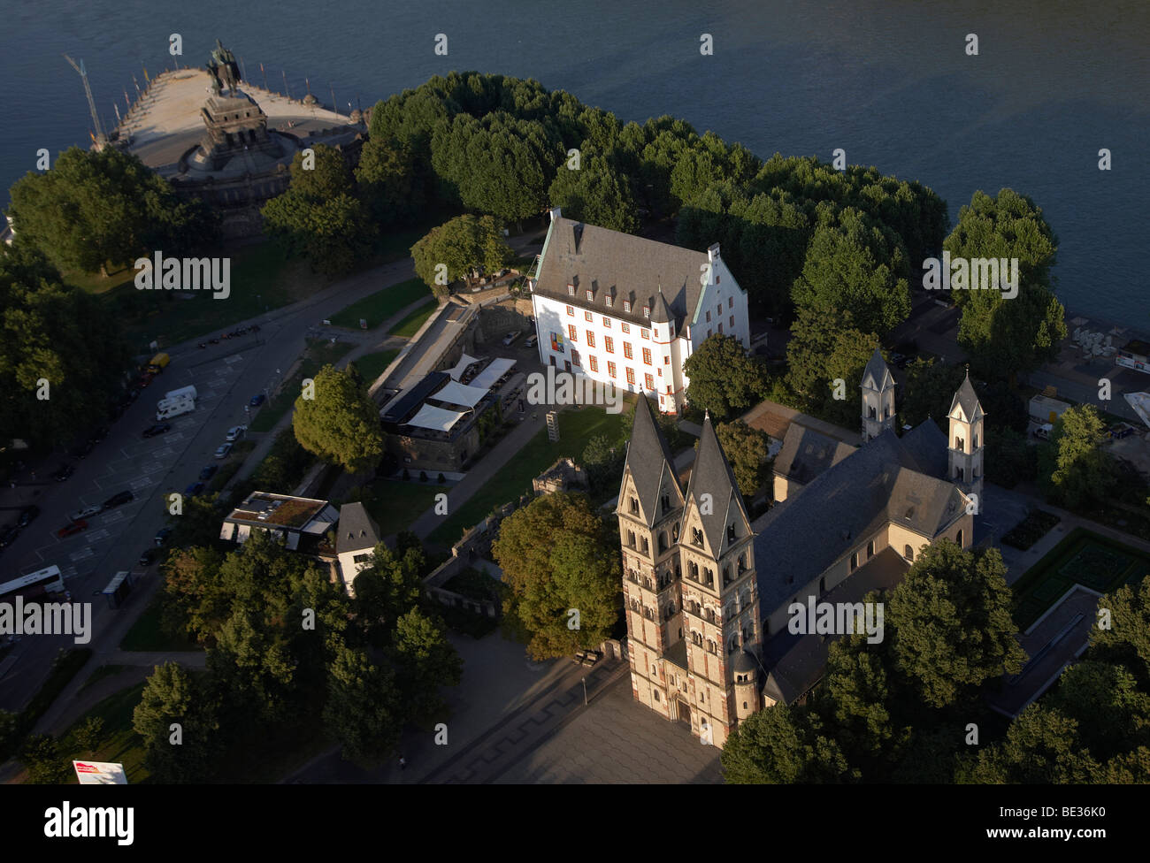 Deutsches Eck, the Deutschordenshaus House of the Teutonic Order and Basilica St. Kastor, Koblenz, Rhineland-Palatinate, German Stock Photo