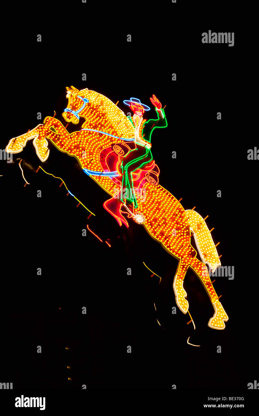 Neon cowboy on horse, Las Vegas Stock Photo