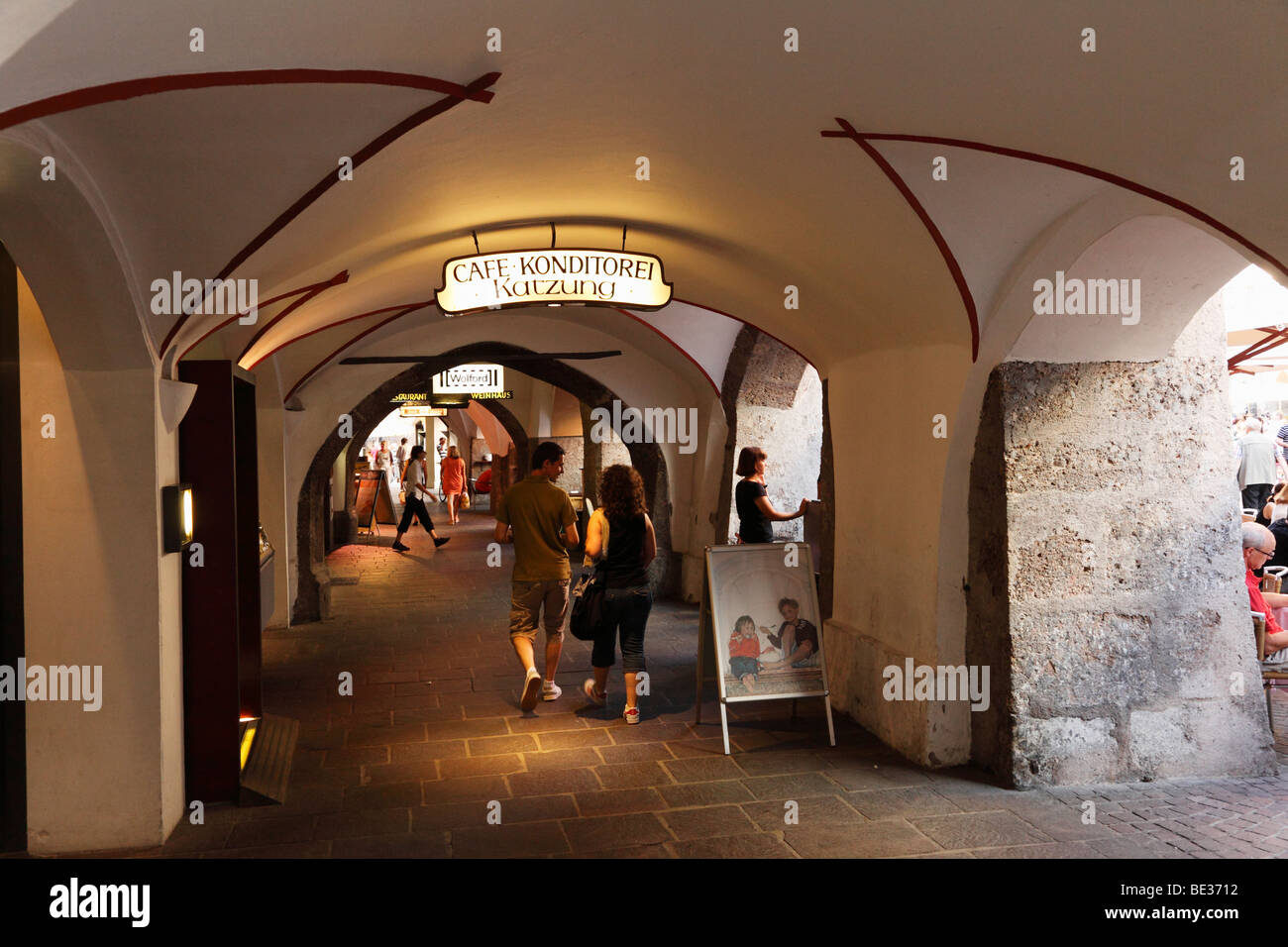 Arcade in the historic city centre of Innsbruck, Tyrol, Austria, Europe Stock Photo