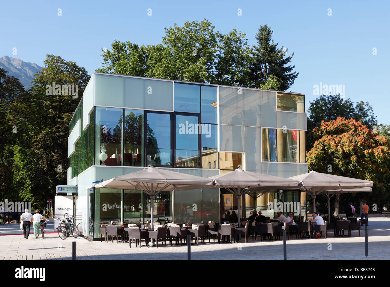 Café Restaurant Pavilion at Rennweg with a reflection of Landestheater, State Theatre, Innsbruck, Tyrol, Austria, Europe Stock Photo