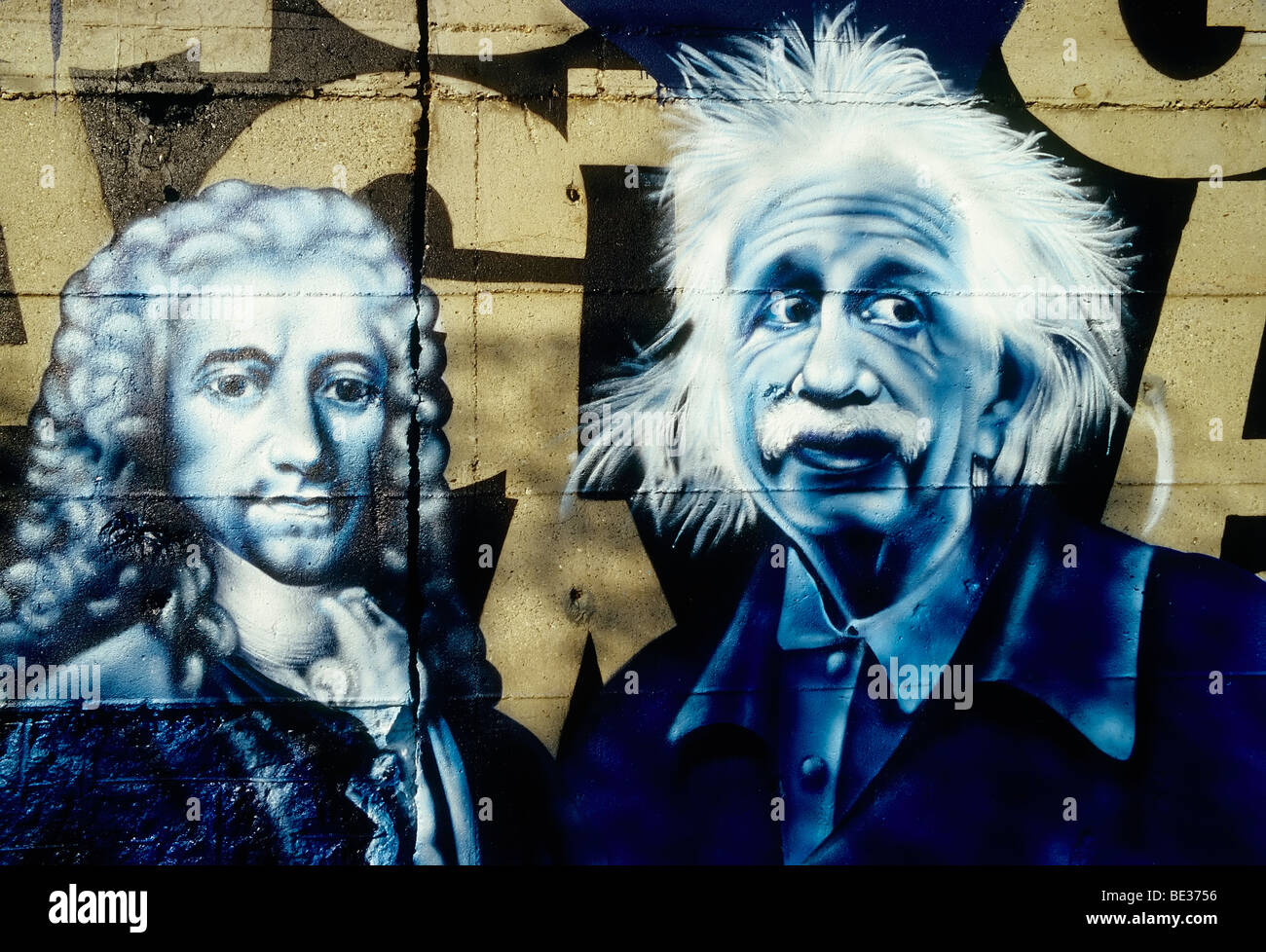 Graffiti portraits of Mozart and Albert Einstein, street art, Rheinpark, Duisburg-Hochfeld, Ruhr Area, North Rhine-Westphalia,  Stock Photo