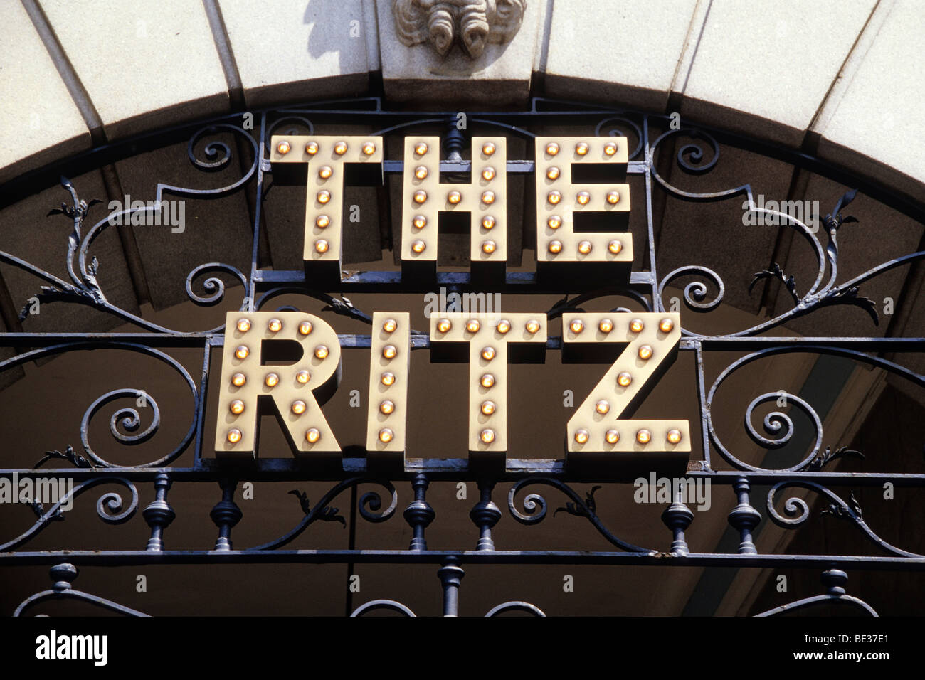 The Ritz, lettering with light bulbs, hotel on Piccadilly, Green Park ...