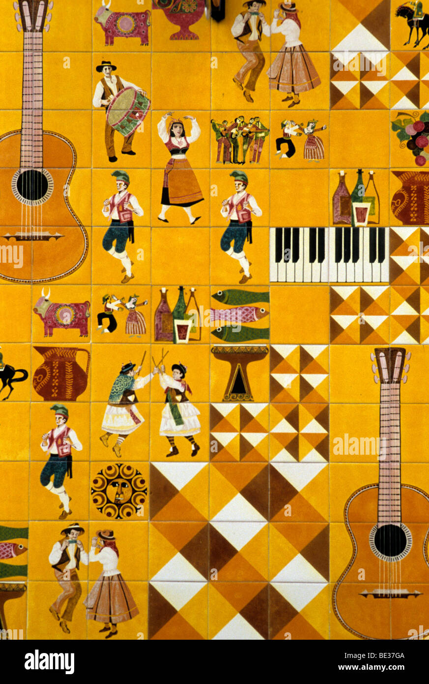 Tile facade, motifs from dance and music, Barrio Alto, Lisbon, Portugal, Europe Stock Photo