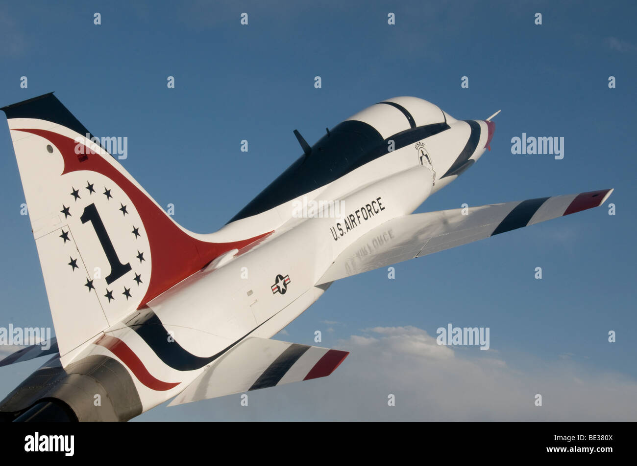 T-38 US Air Force Thunderbirds precision flying team plane #1 flies over Cleveland during the Labor Day Cleveland Air Show. Stock Photo