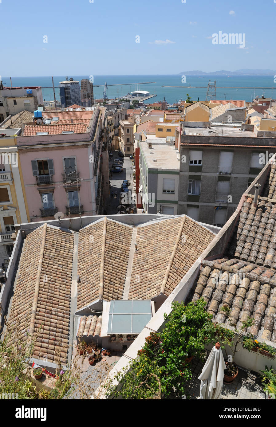 View over the rooftops of the Low City, Cagliari, Sardinia, taken from the Bastion San Remy. Stock Photo