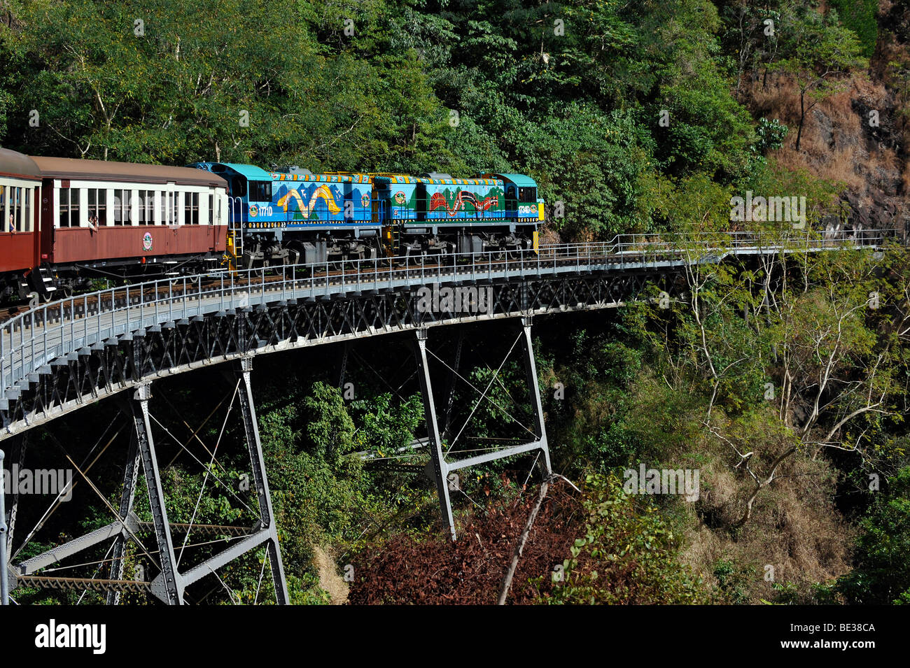 Stoney Creek Bridge, diesel locomotives and carriages, Kuranda Scenic Railway, rainforest, Atherton Tablelands, Queensland, Aus Stock Photo