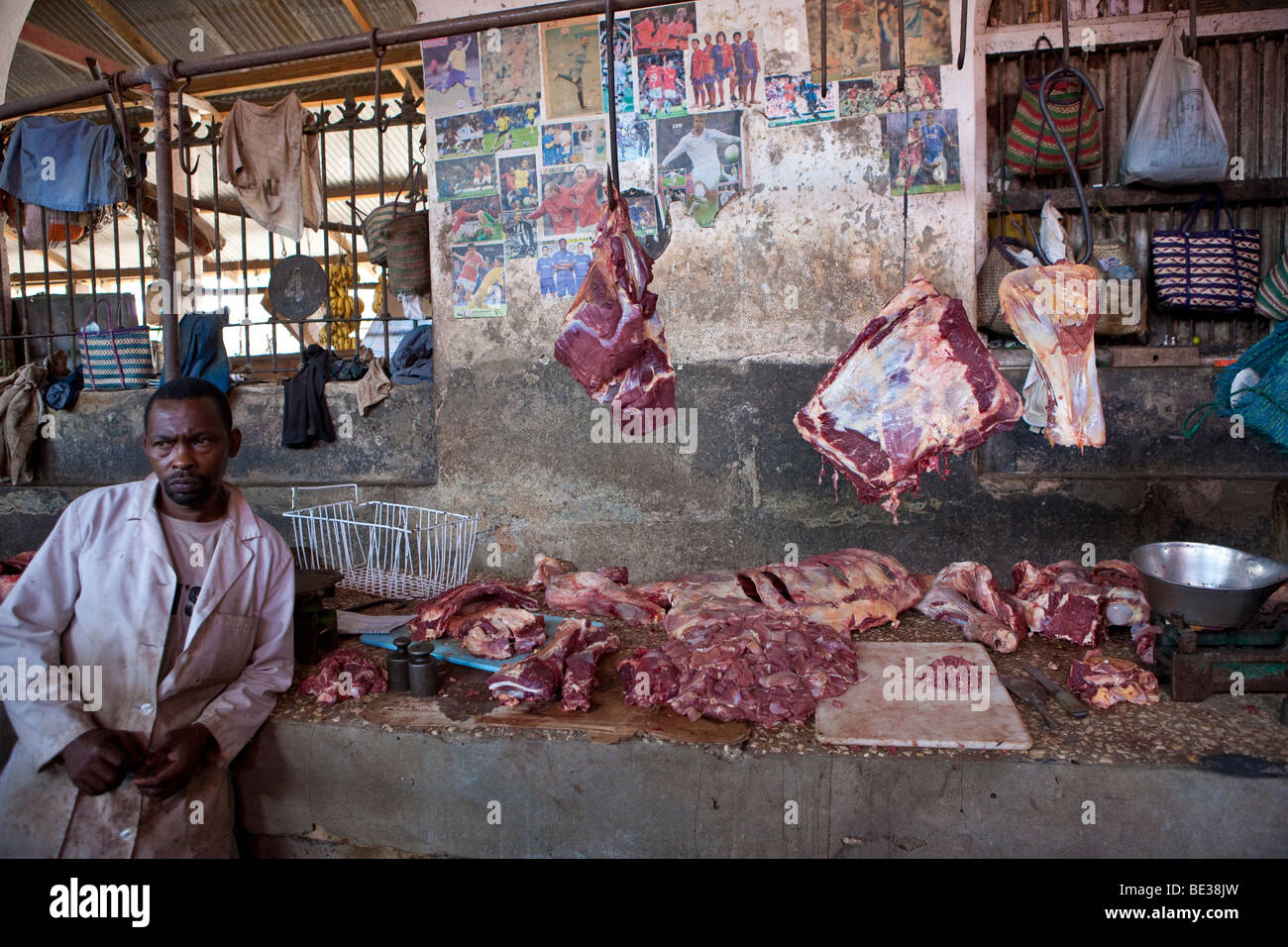 Meat market in the Benjamin Mkapa Rd in Stonetown, Stone Town, Zanzibar, Tanzania, Africa Stock Photo