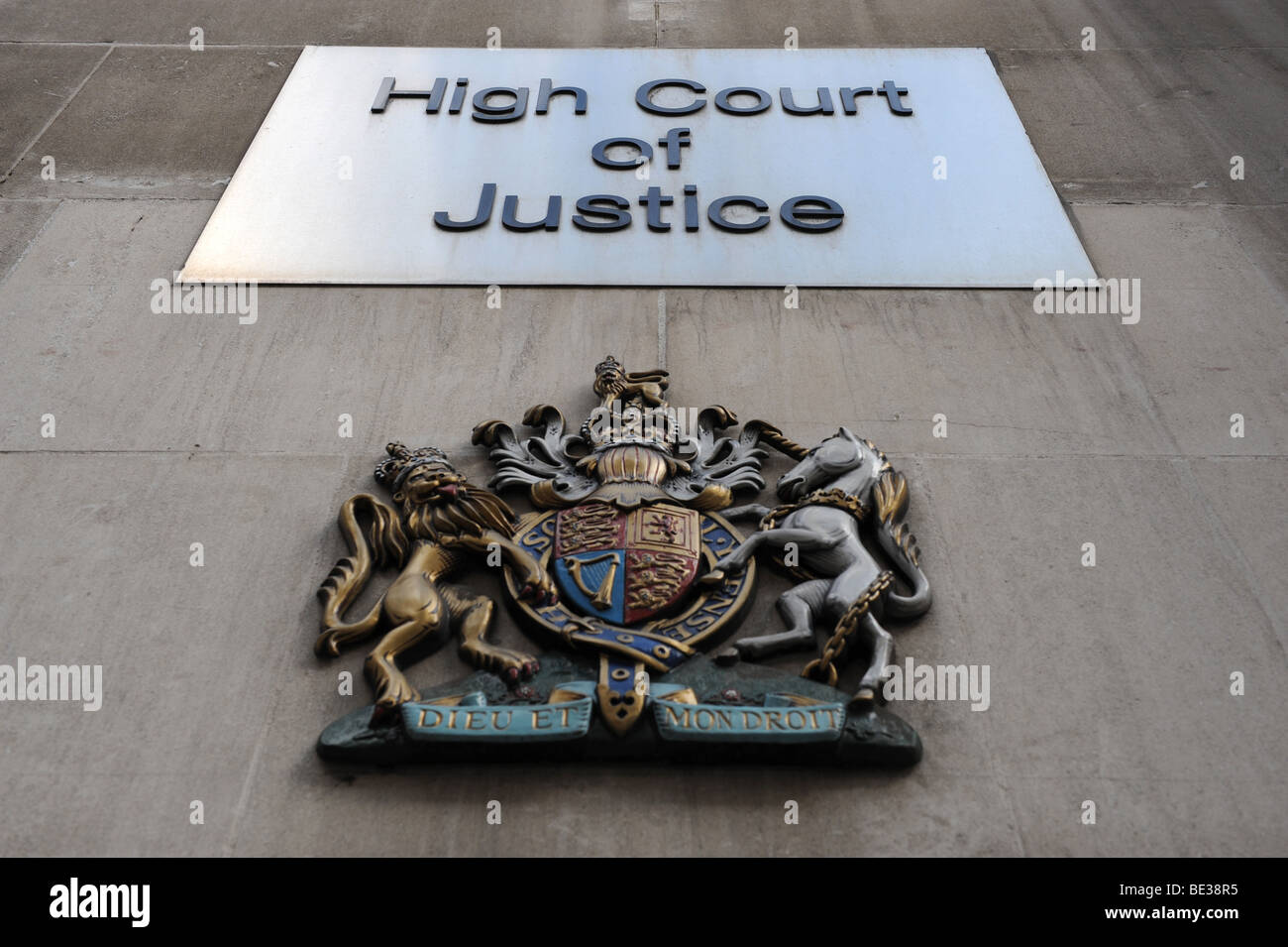 The Sign that hangs on the High Court of Justice in London. Stock Photo