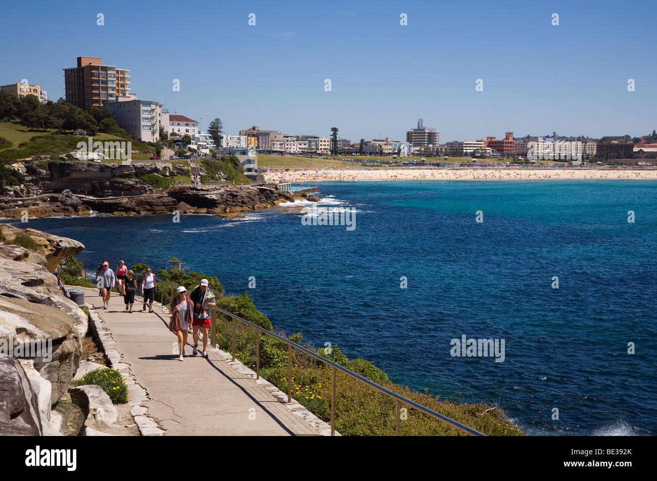 View along the Bondi to Coogee clifftop trail with Bondi Beach beyond. Sydney, New South Wales, AUSTRALIA Stock Photo