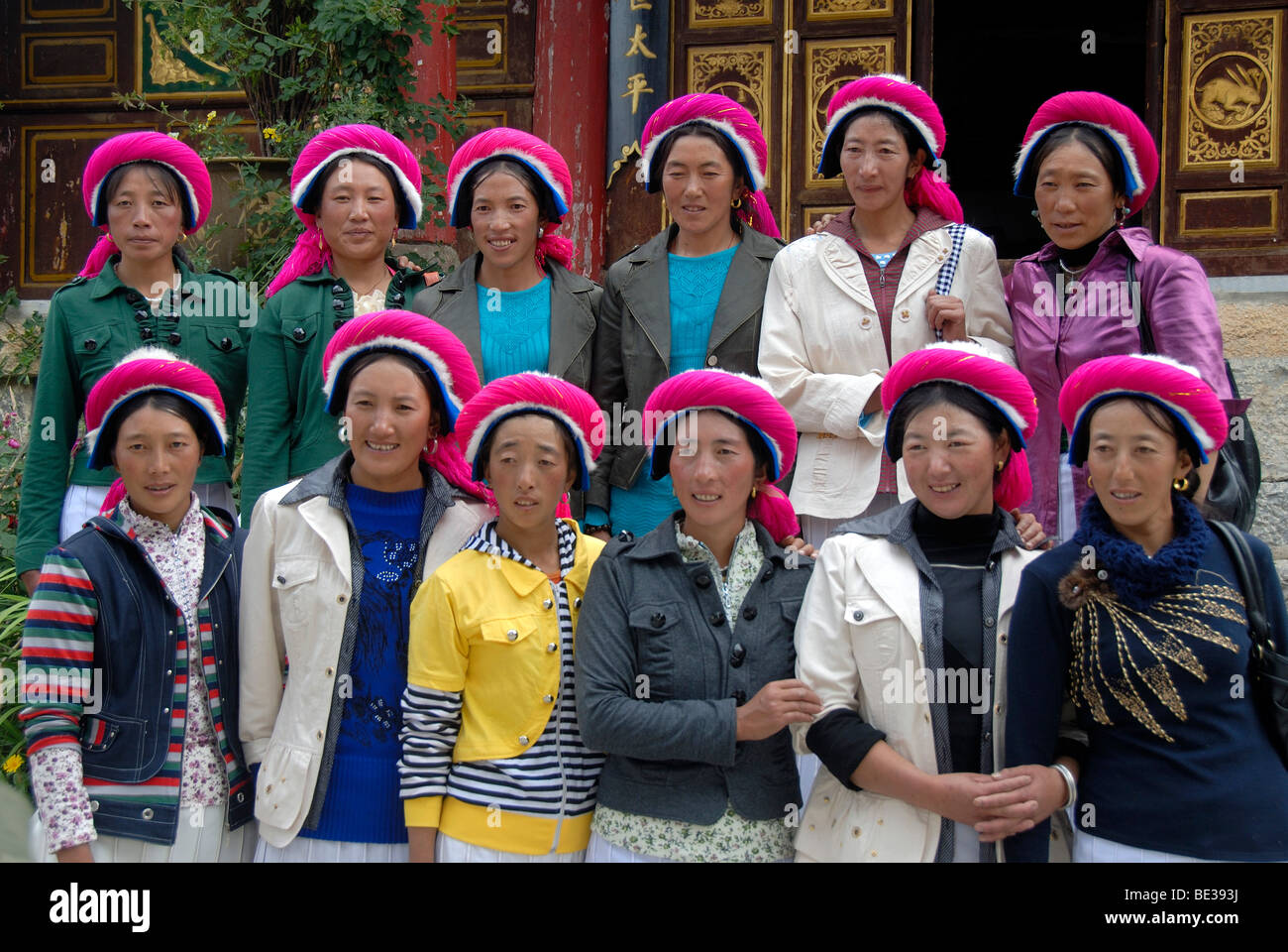Tibetan women with pink hats, group of women, Zhongdian, ShangriLa