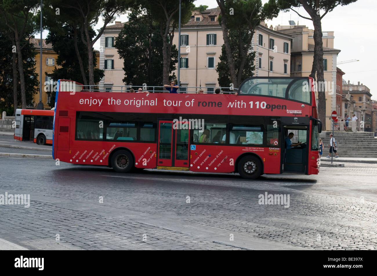 Open red bus making tour of Rome Stock Photo