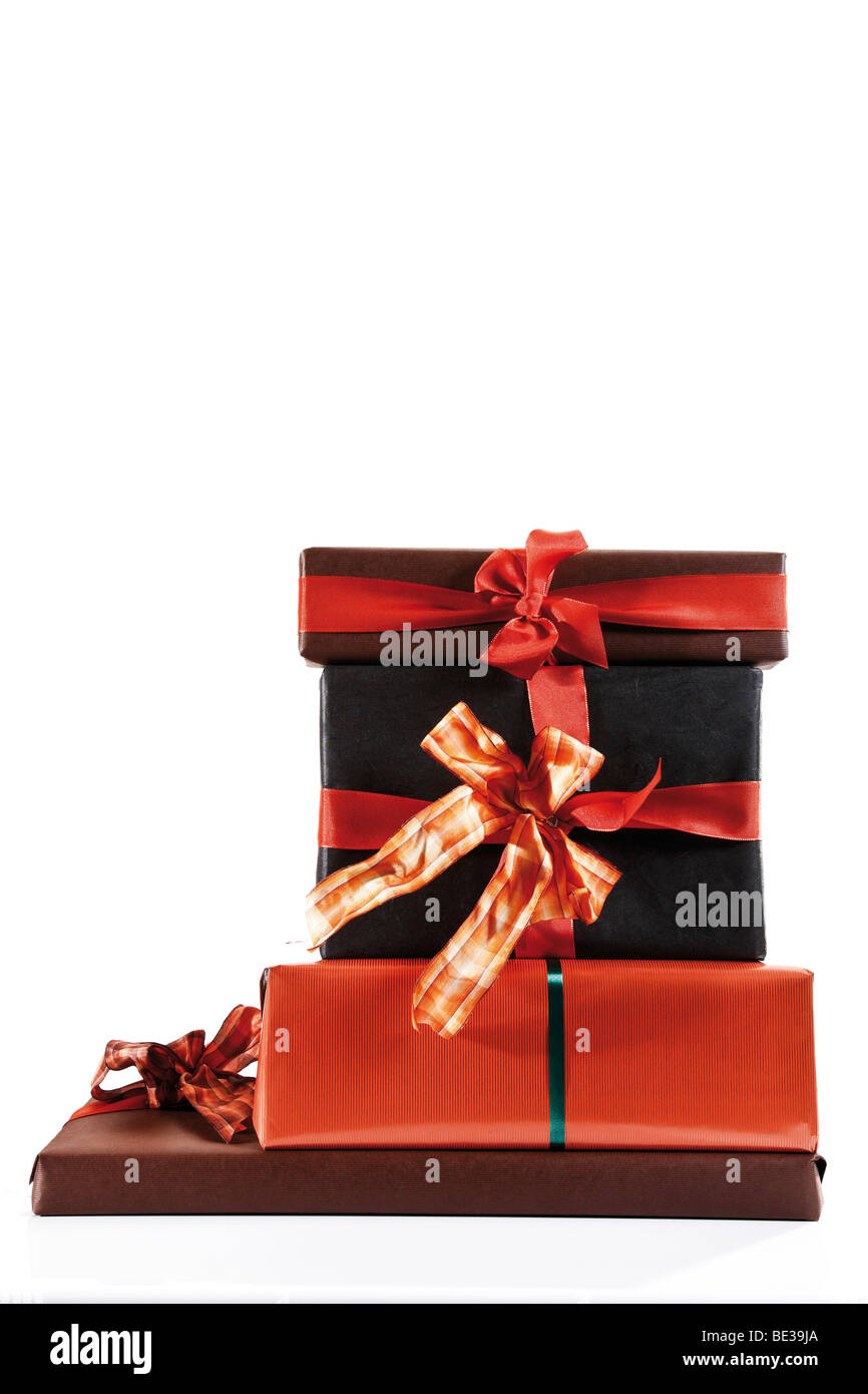 Brown and light brown gift boxes with gift ribbons Stock Photo