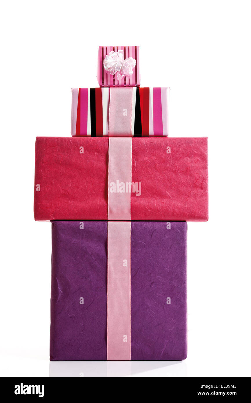Purple and red gift boxes with gift ribbons Stock Photo