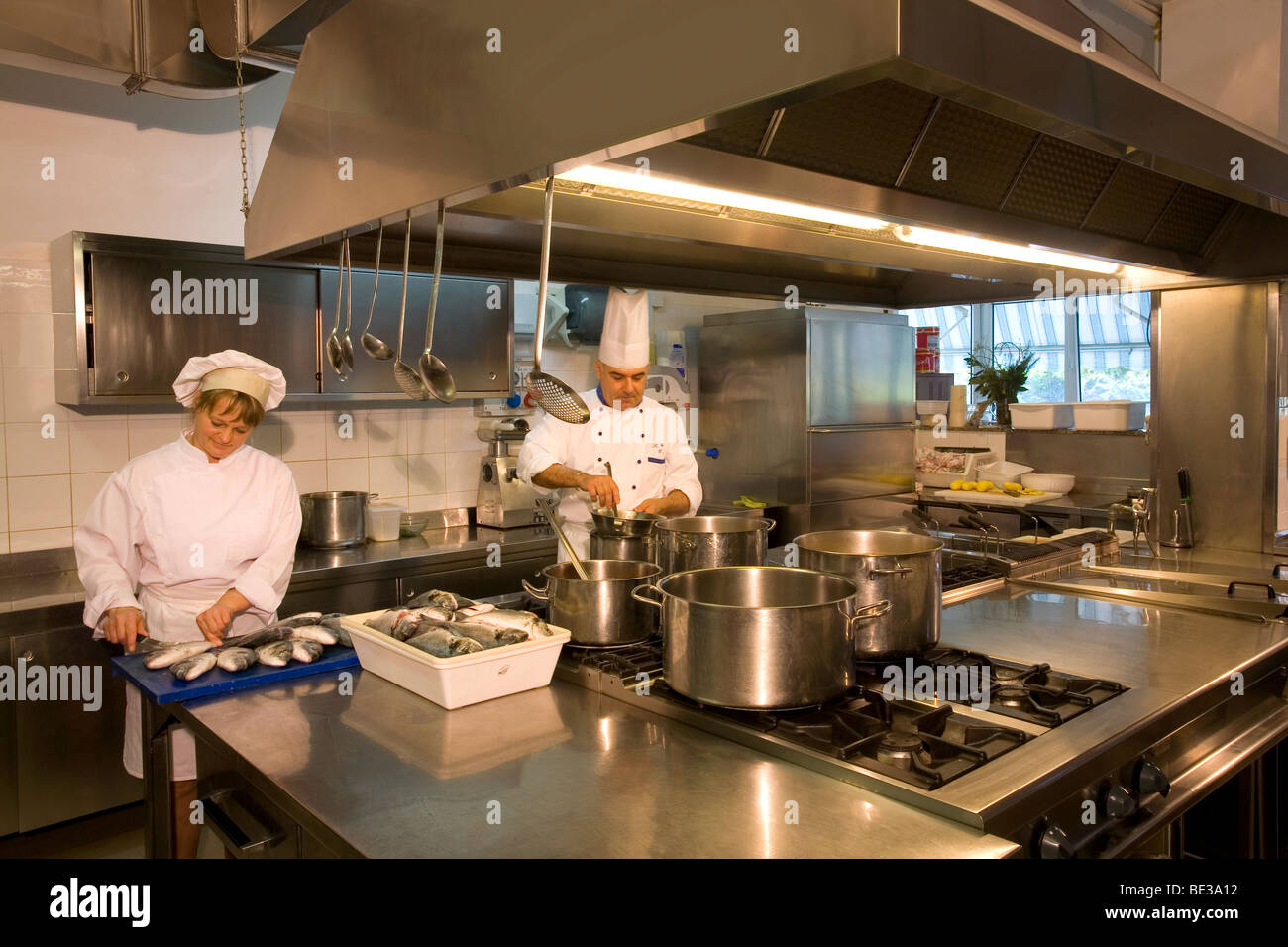2 Chefs preparing a meal in the kitchen of the Hotel Imperial at the  seaside resort town of Marotta Di Fano, Marche, Italy Stock Photo - Alamy