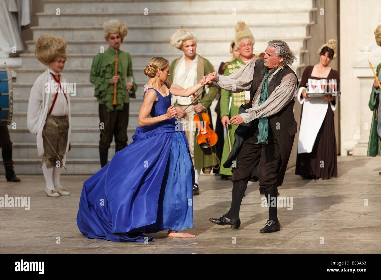 Jedermann, Everyman, 2009, played by Peter Simonischek with Sophie von Kessel as Buhlschaft, Paramour, play by Hugo von Hofmann Stock Photo