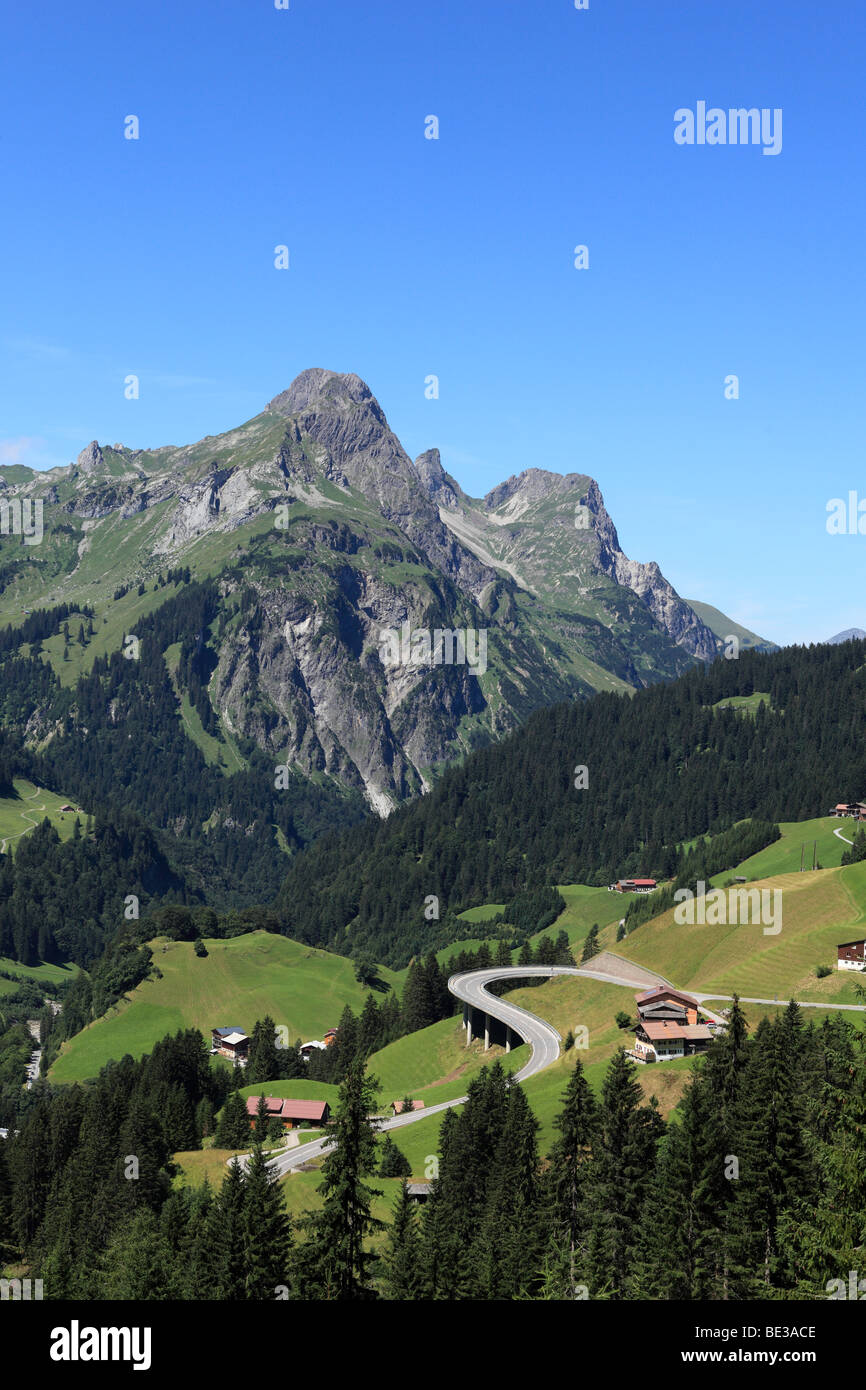 Road over Hochtannberg pass, Schroecken, Bregenz Forest, Bregenzerwald, Vorarlberg, Austria, Europe Stock Photo