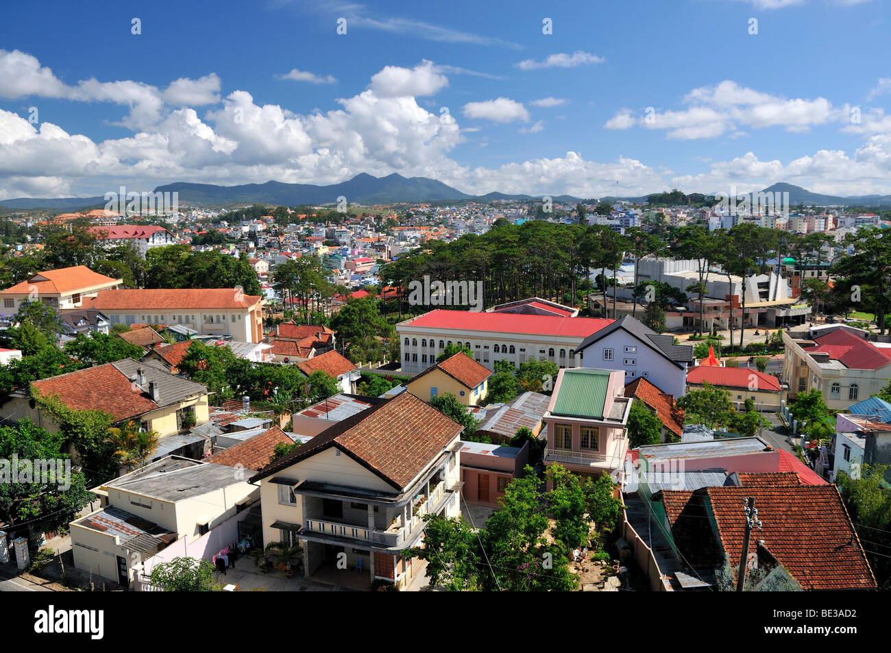View over the colorful houses and rooftops of the Dalat capital, Central Highlands, Vietnam, Asia Stock Photo