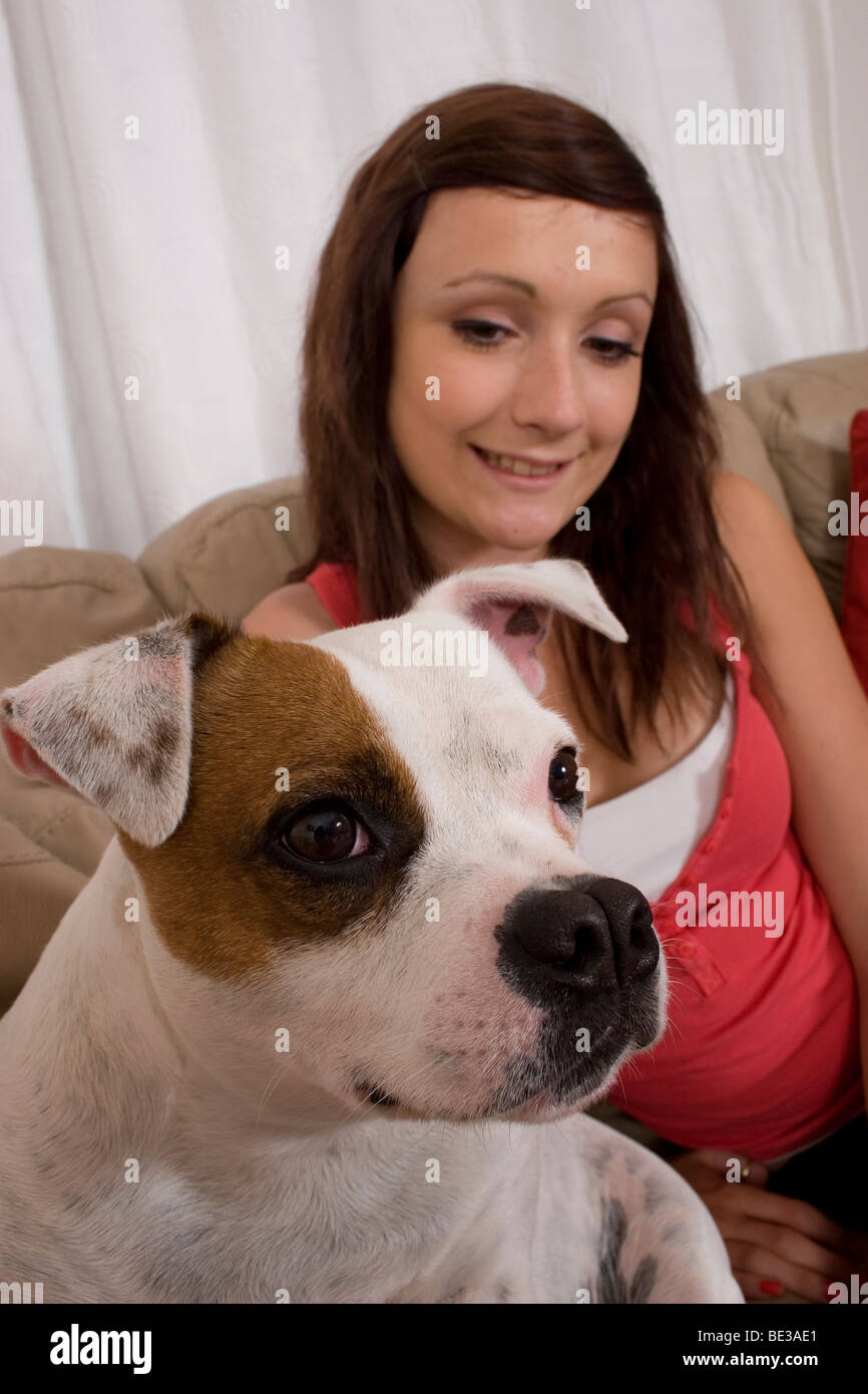 teenage girl on sofa with white staffordshire bull terrier adult dog Stock Photo