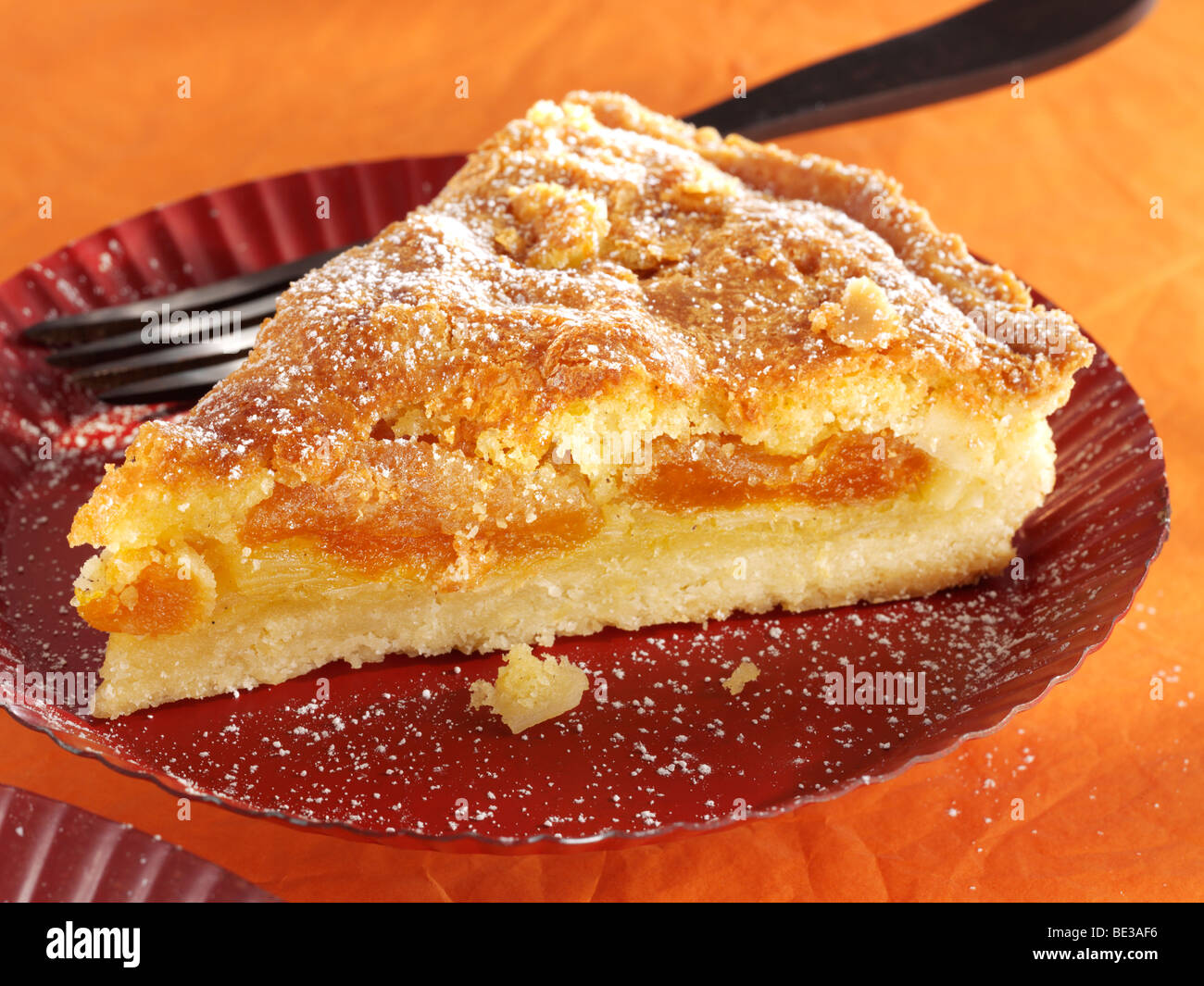Apricot cake sprinkled with sugar on a plate with a fork Stock Photo