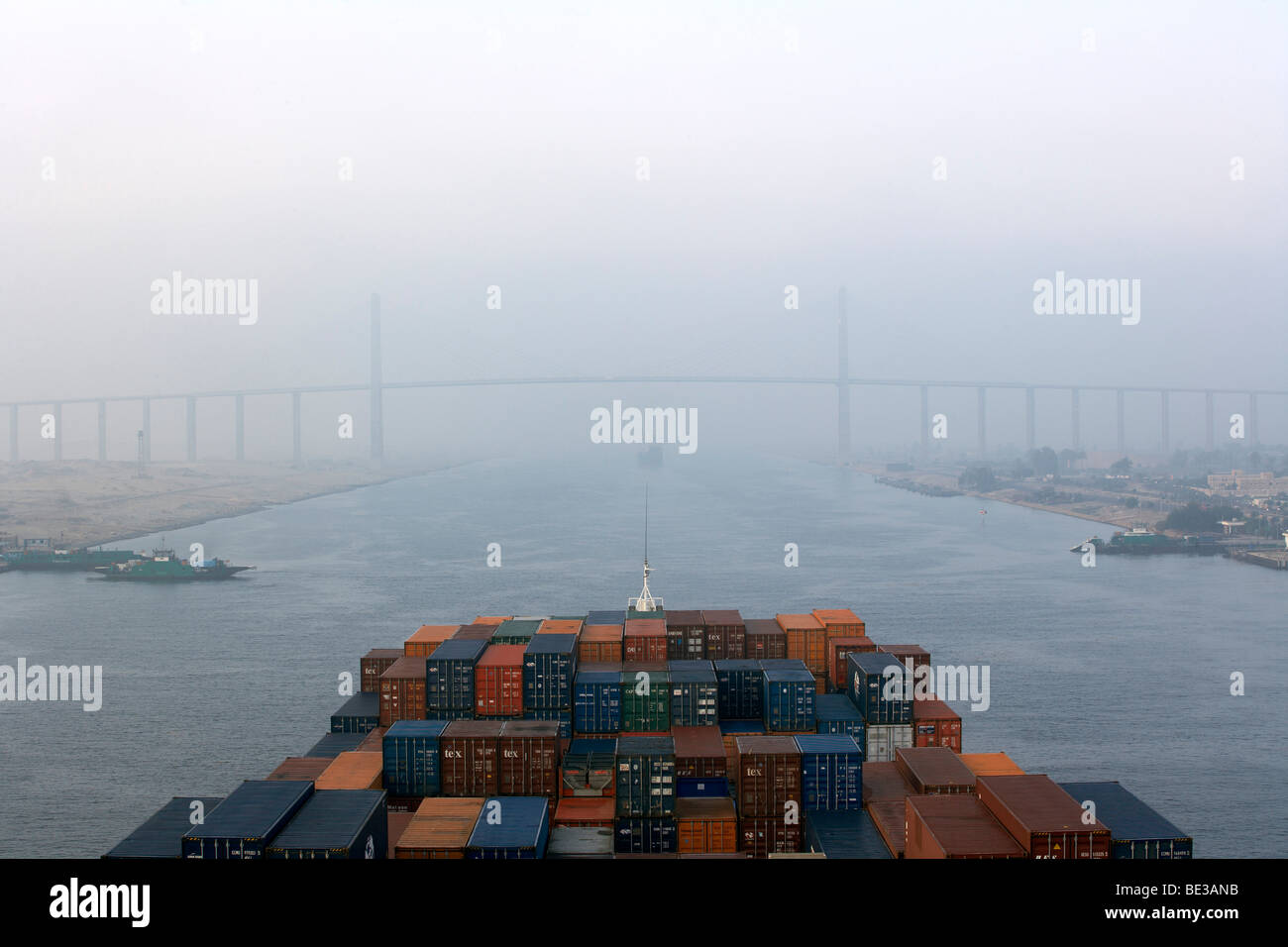 Container ship, Mubarak Peace Bridge, Suez Canal, El Qantara, Egypt, Northern Africa, Africa Stock Photo