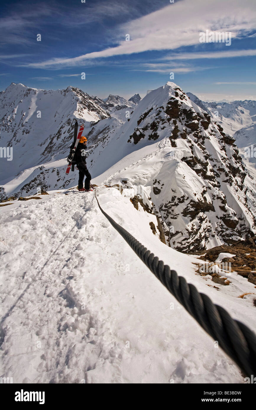 Ski touring, secured with a climbing line, Arlberg, Verwall Alps, North Tyrol, Austria, Europe Stock Photo