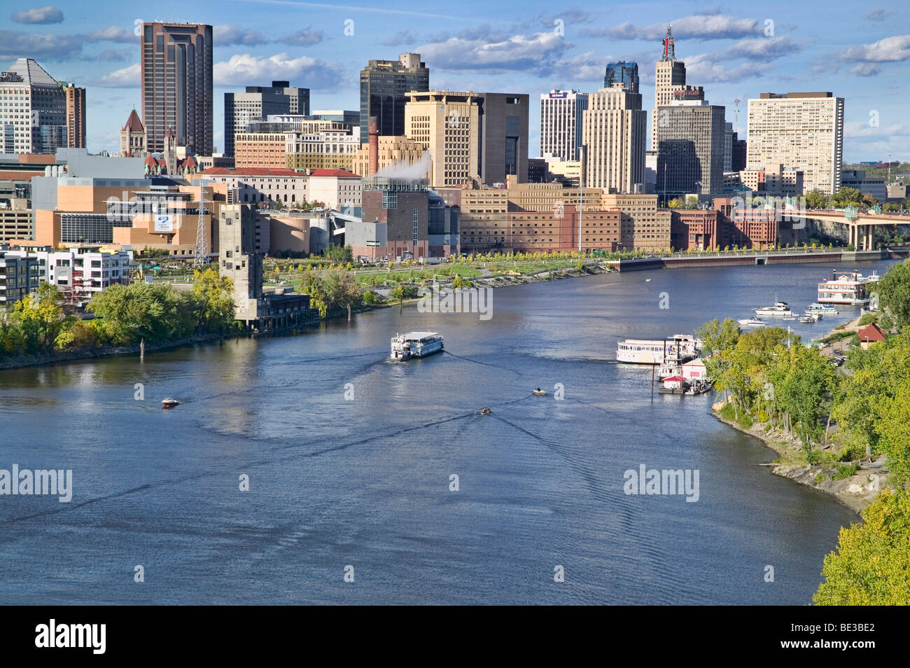 The city of St. Paul is Minnesota's state capitol city. Here river traffic flows along the Mississippi River circa 2006. Stock Photo