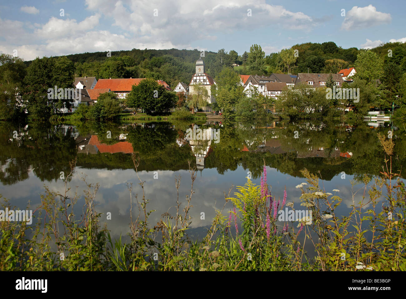 The picturesque village Spiekershausen located on the Fulda river, at