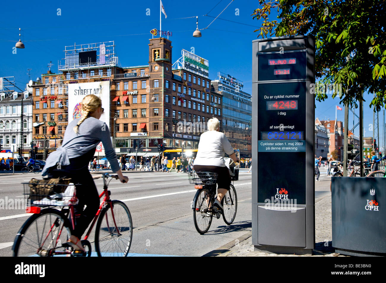 Electronic bicycle counter at the city hall square in Copenhagen, Denmark,  Europe Stock Photo - Alamy