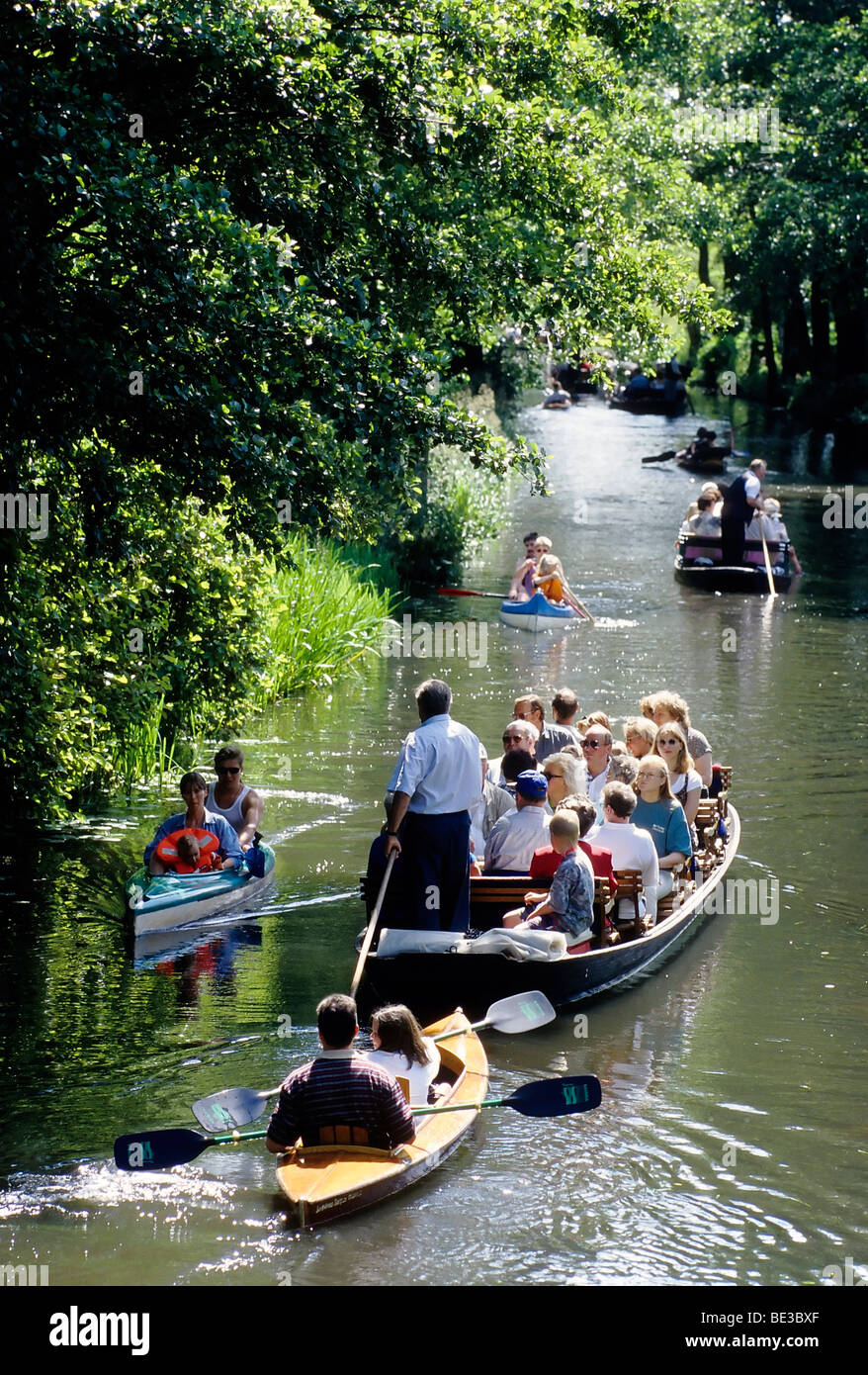 Canoes and boats on Spree River near Lehde, Spreewald, Brandenburg, Germany, Europe Stock Photo