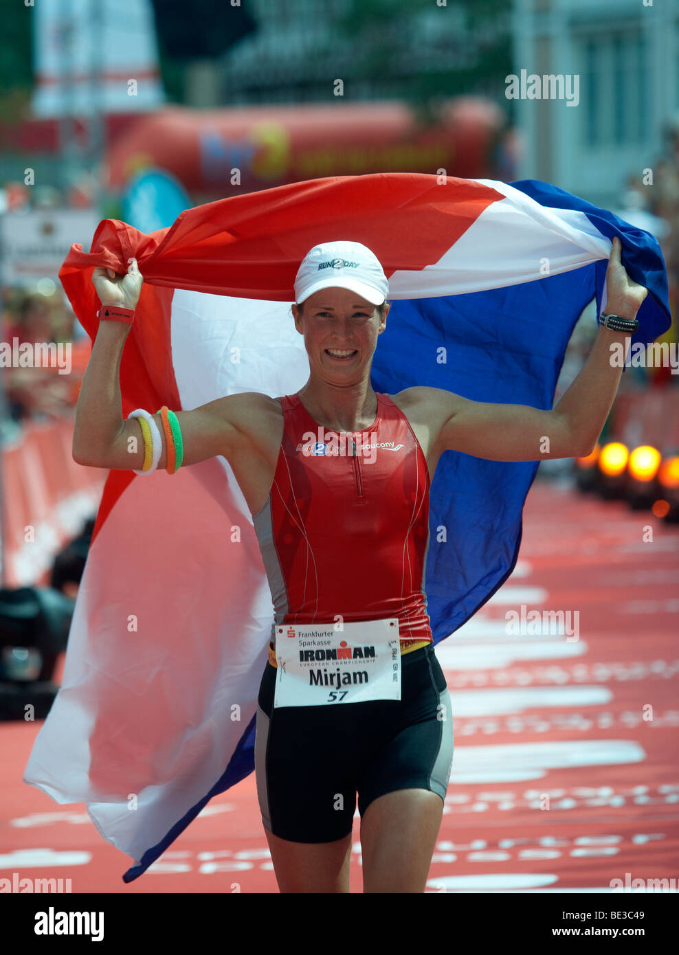 Triathlon, Mirjam Weerd, Netherlands, at the finish line, Ironman Germany, Frankfurt, Hesse, Germany, Europe Stock Photo