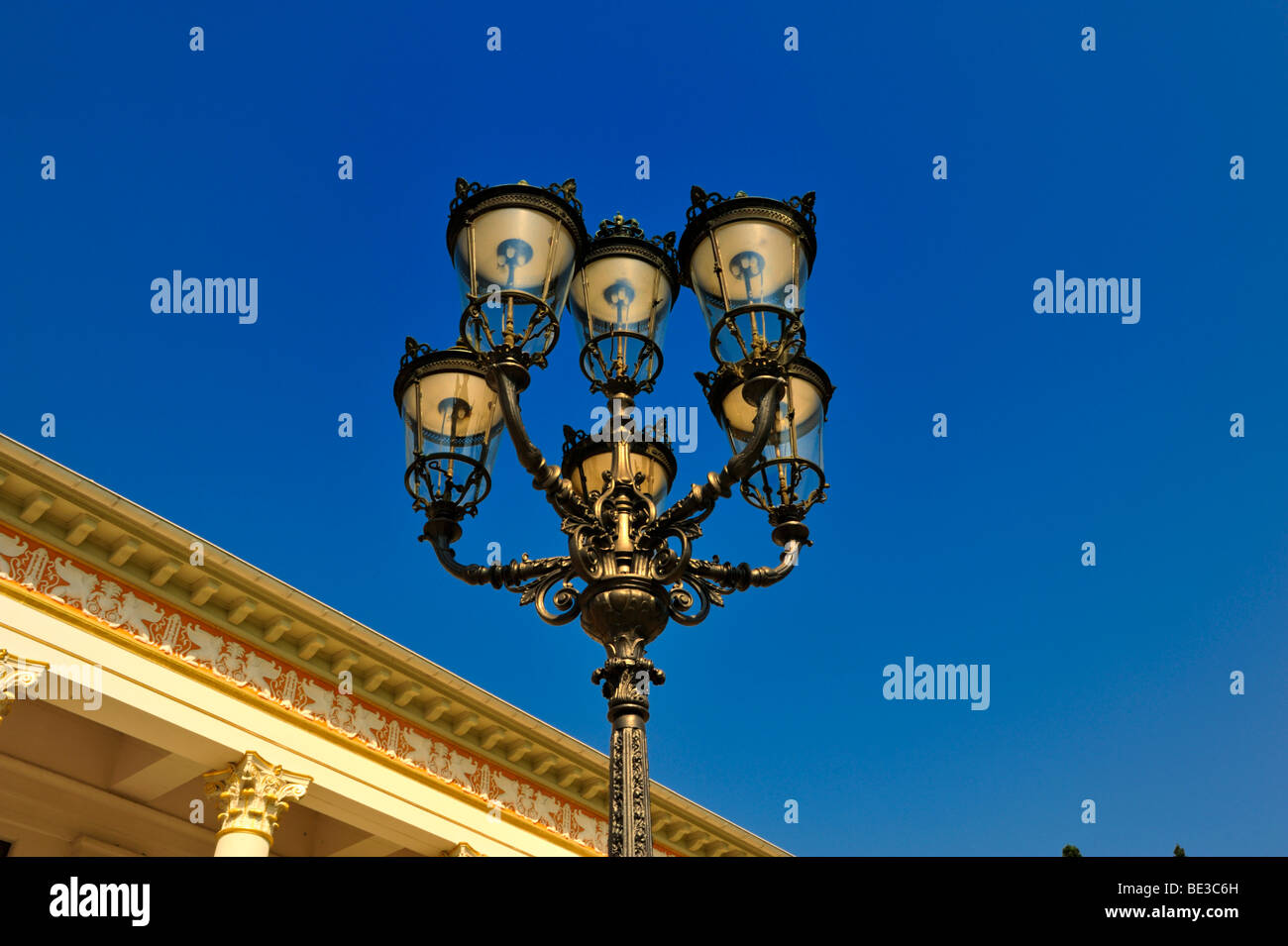 Six-armed gas streetlamp in front of the Kurhaus spa hotel, Baden-Baden, Black Forest, Baden-Wuerttemberg, Germany, Europe Stock Photo