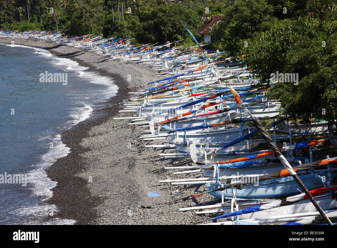 Outrigger boats in Selang, coastal road, south-east Bali, Republic of Indonesia, Southeast Asia Stock Photo